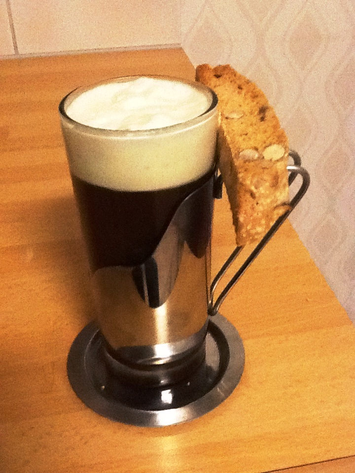 Irish coffee with an almond/anis/lemonzest biscotti