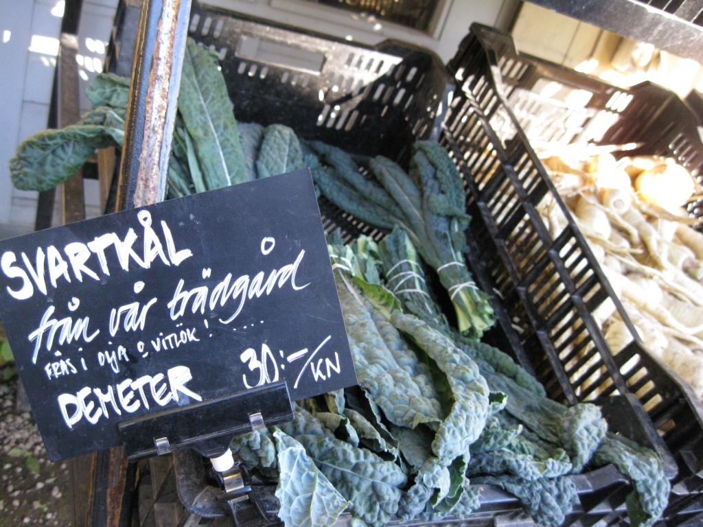 Small bunches of delicious black kale (aka dinasaur kale, Cavolo Nero, etc) for about $5.